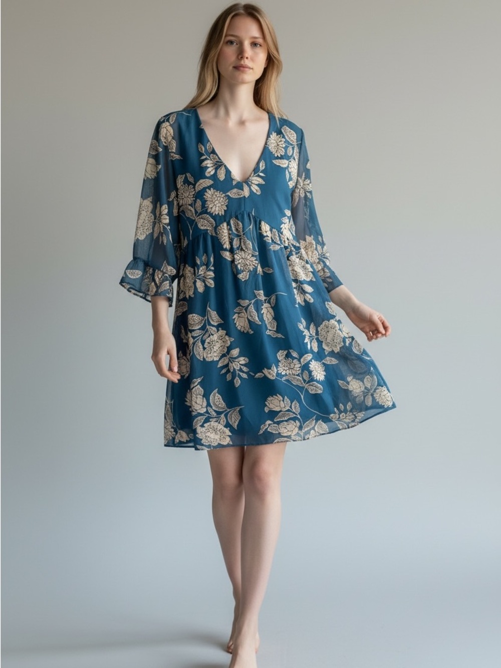 a.n.a Teal Blue Floral V-Neck Mini Dress